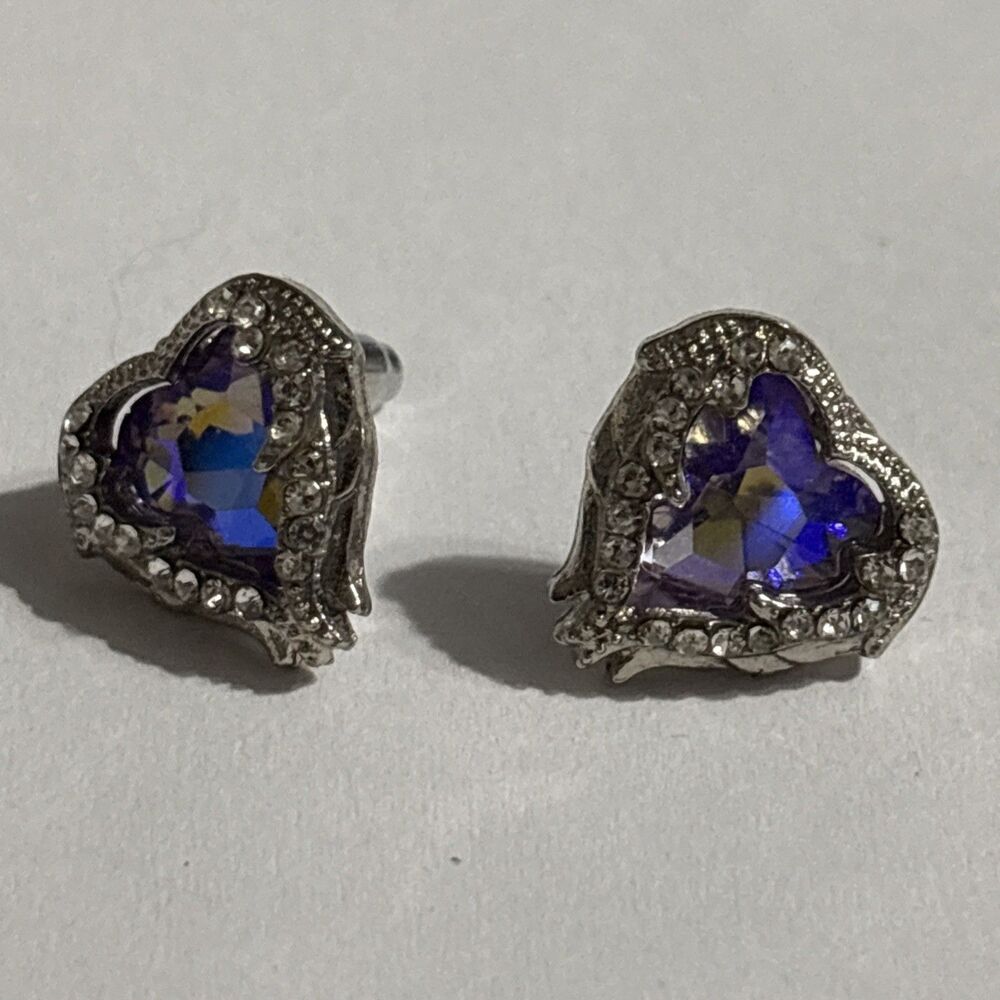 Crystal Heart Stud Earrings, Iridescent Blue Stone, Silver Tone Setting